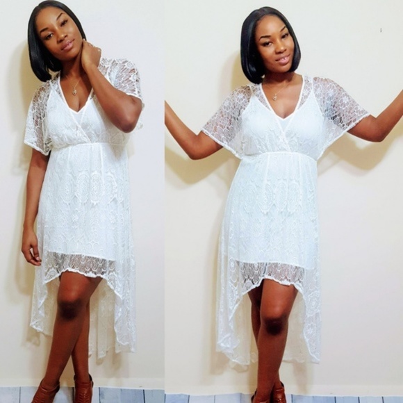 White lace high-low v neck dress - Picture 3 of 4